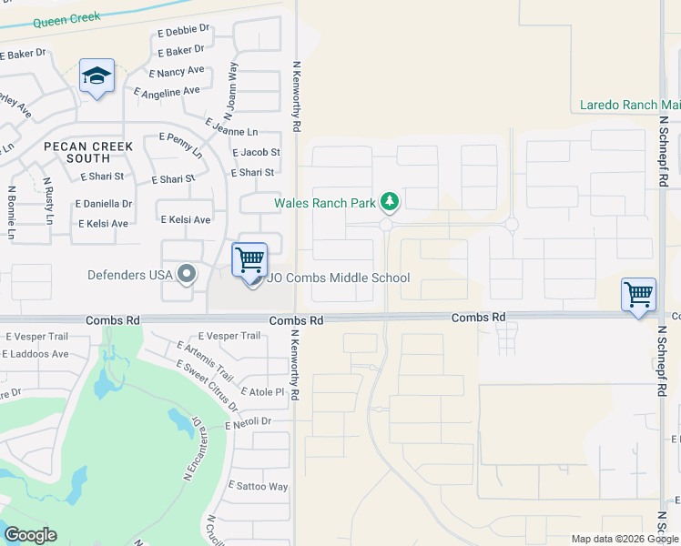 map of restaurants, bars, coffee shops, grocery stores, and more near 37501-38219 North Kenworthy Road in San Tan Valley