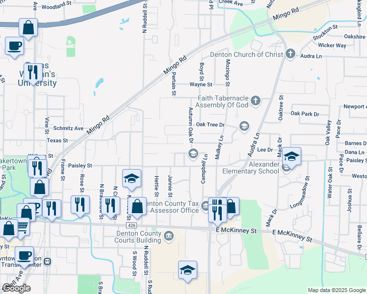 map of restaurants, bars, coffee shops, grocery stores, and more near 1500 Paco Trail in Denton