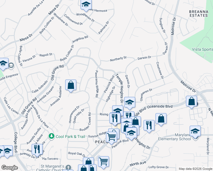 map of restaurants, bars, coffee shops, grocery stores, and more near 1411 Peacock Boulevard in Oceanside