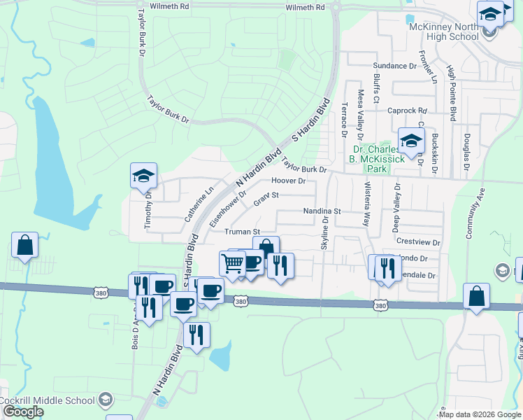 map of restaurants, bars, coffee shops, grocery stores, and more near 3413 Grant Street in McKinney