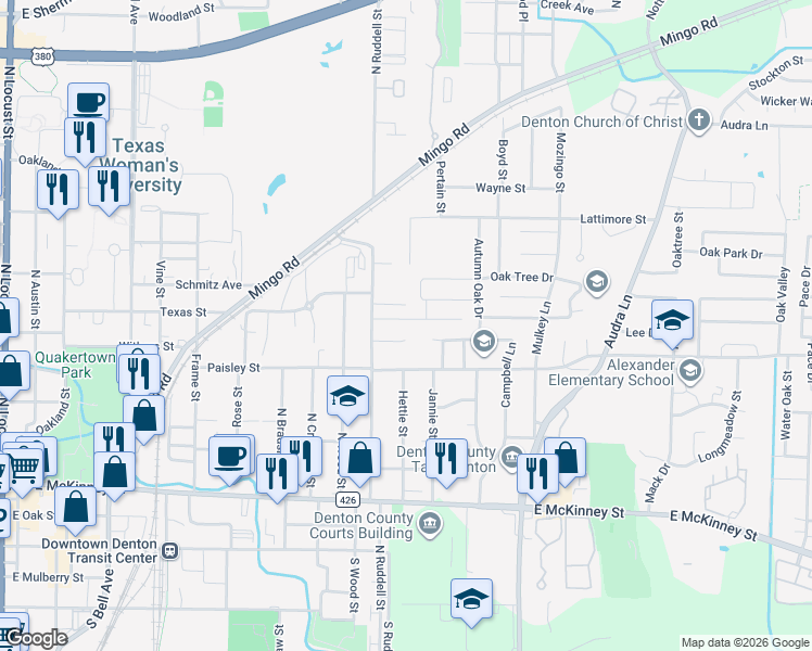 map of restaurants, bars, coffee shops, grocery stores, and more near 1316 Paco Trail in Denton