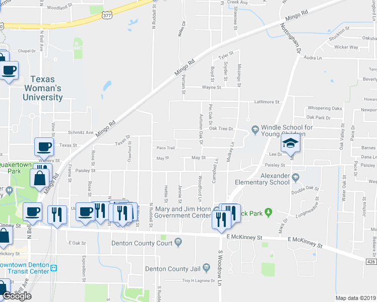 map of restaurants, bars, coffee shops, grocery stores, and more near 1500 Paco Trail in Denton