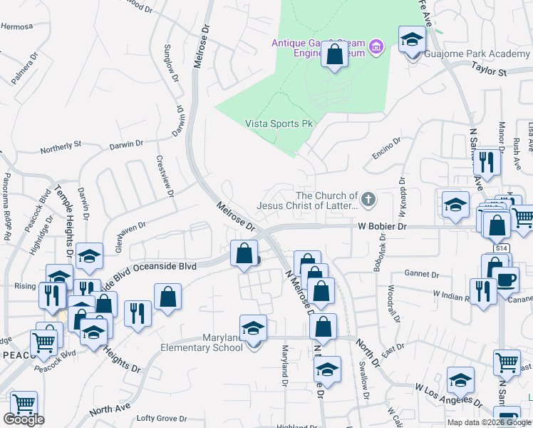 map of restaurants, bars, coffee shops, grocery stores, and more near 1700 Valley Oak Way in Oceanside