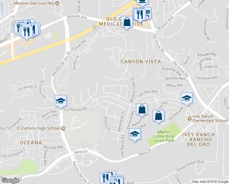 map of restaurants, bars, coffee shops, grocery stores, and more near 406 Lexington Circle in Oceanside