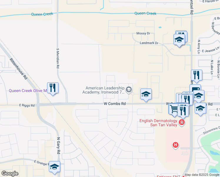 map of restaurants, bars, coffee shops, grocery stores, and more near 920 West Combs Road in Queen Creek