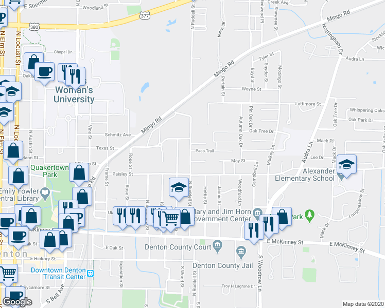 map of restaurants, bars, coffee shops, grocery stores, and more near 1200 Paco Trail in Denton