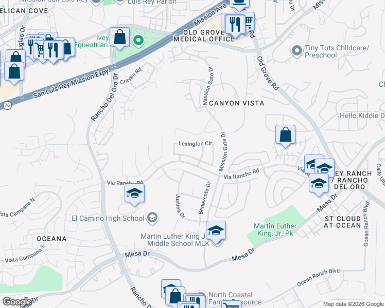 map of restaurants, bars, coffee shops, grocery stores, and more near 406 Lexington Circle in Oceanside