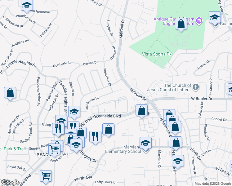 map of restaurants, bars, coffee shops, grocery stores, and more near 4907 Glenhaven Drive in Oceanside