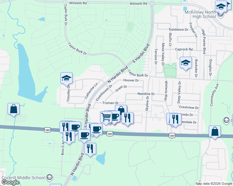 map of restaurants, bars, coffee shops, grocery stores, and more near 3413 Grant Street in McKinney