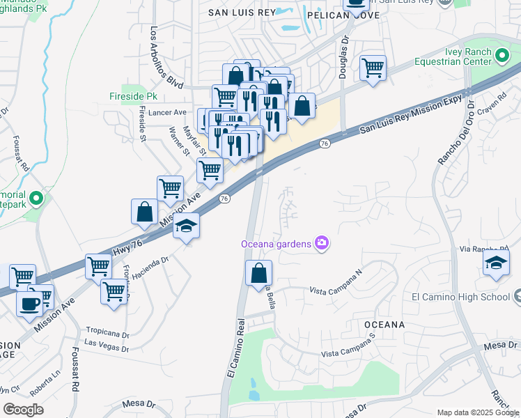 map of restaurants, bars, coffee shops, grocery stores, and more near 276 South El Camino Real in Oceanside