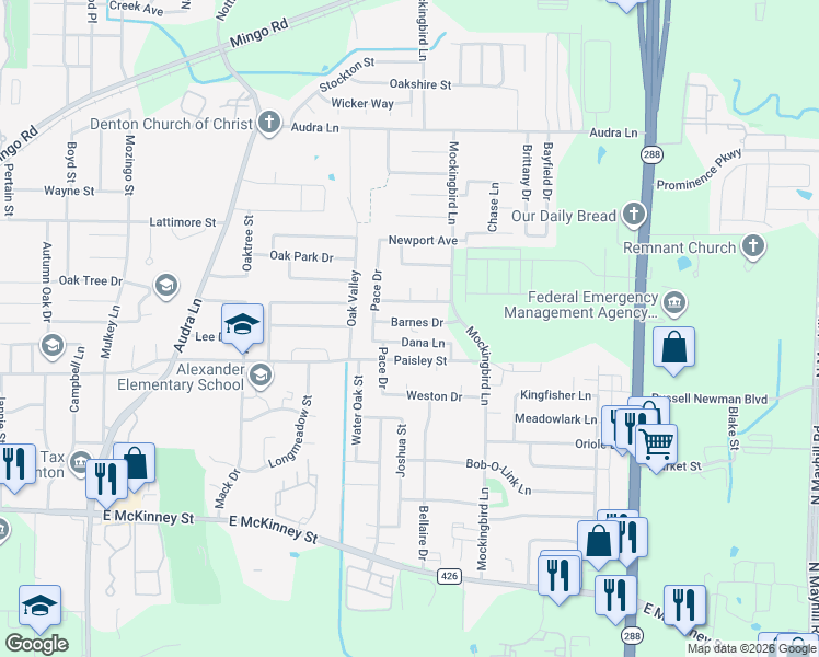 map of restaurants, bars, coffee shops, grocery stores, and more near 2900 Barnes Drive in Denton