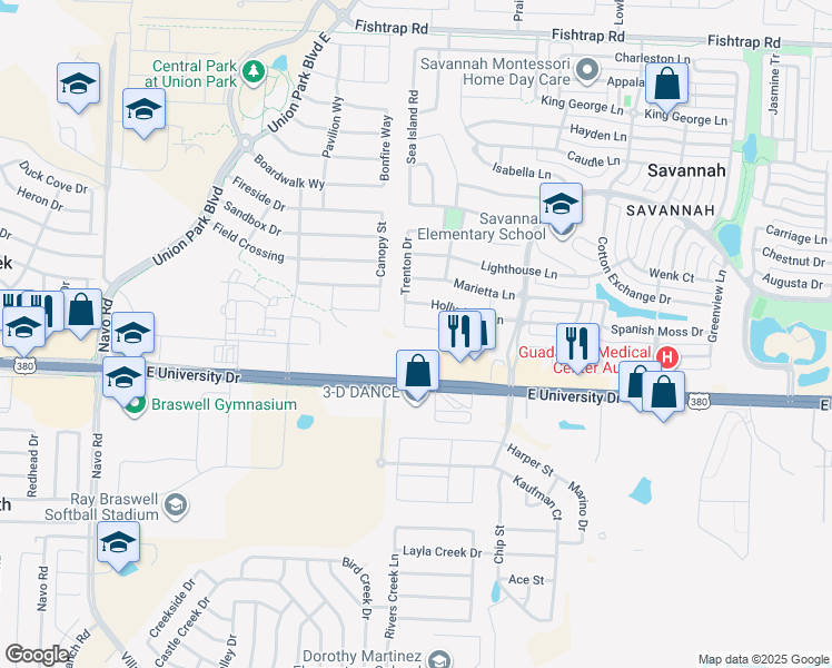 map of restaurants, bars, coffee shops, grocery stores, and more near 712 Nathanael Greene Court in Denton County