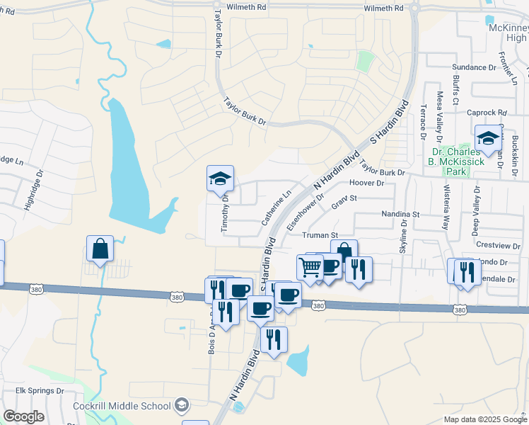 map of restaurants, bars, coffee shops, grocery stores, and more near 3805 Edward Drive in McKinney