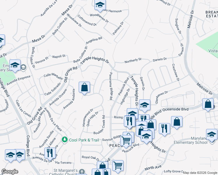 map of restaurants, bars, coffee shops, grocery stores, and more near 1406 Panorama Ridge Road in Oceanside