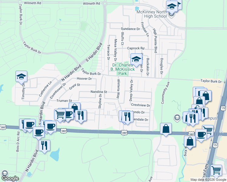 map of restaurants, bars, coffee shops, grocery stores, and more near 2200 Spruce Circle in McKinney