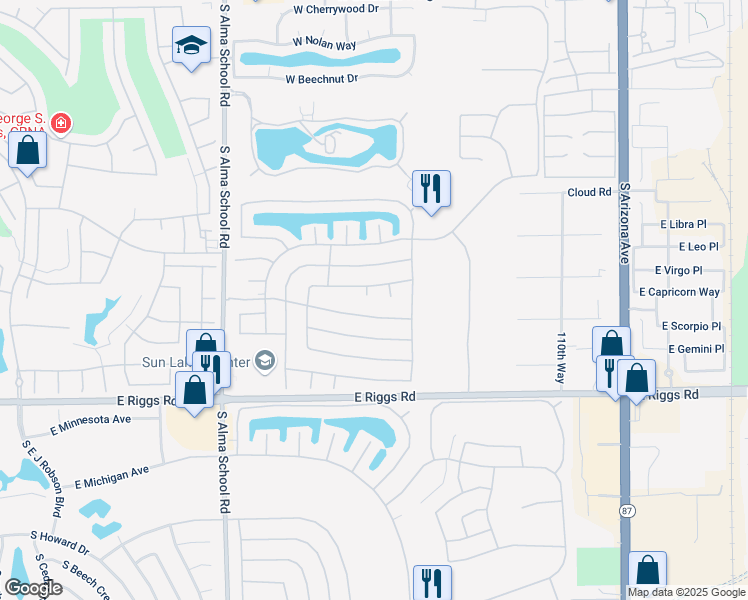 map of restaurants, bars, coffee shops, grocery stores, and more near 10625 East Cedar Waxwing Drive in Sun Lakes