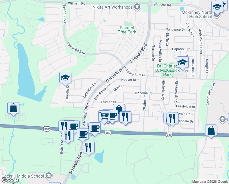map of restaurants, bars, coffee shops, grocery stores, and more near 3413 Grant Street in McKinney