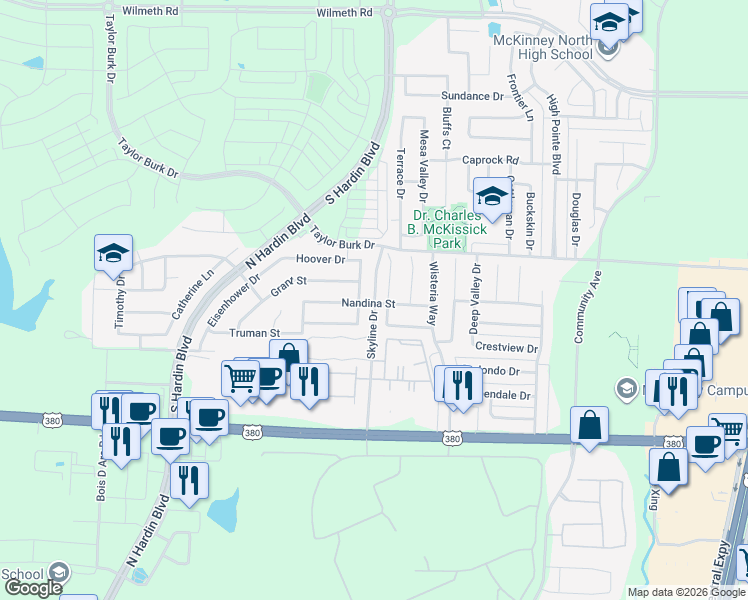 map of restaurants, bars, coffee shops, grocery stores, and more near 2100 Skyline Drive in McKinney