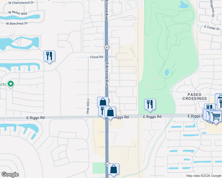 map of restaurants, bars, coffee shops, grocery stores, and more near 93 East Capricorn Way in Chandler