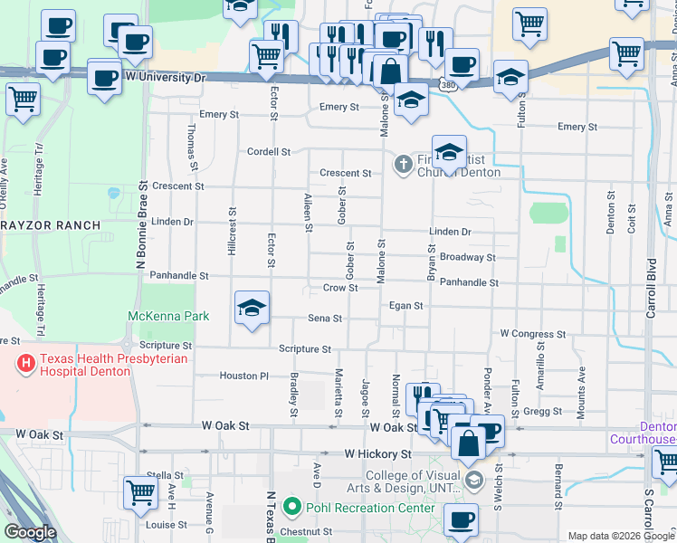 map of restaurants, bars, coffee shops, grocery stores, and more near 1808 Panhandle Street in Denton