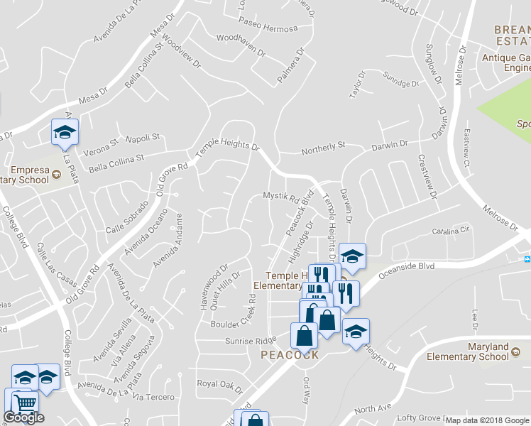map of restaurants, bars, coffee shops, grocery stores, and more near 1413 Panorama Ridge Road in Oceanside