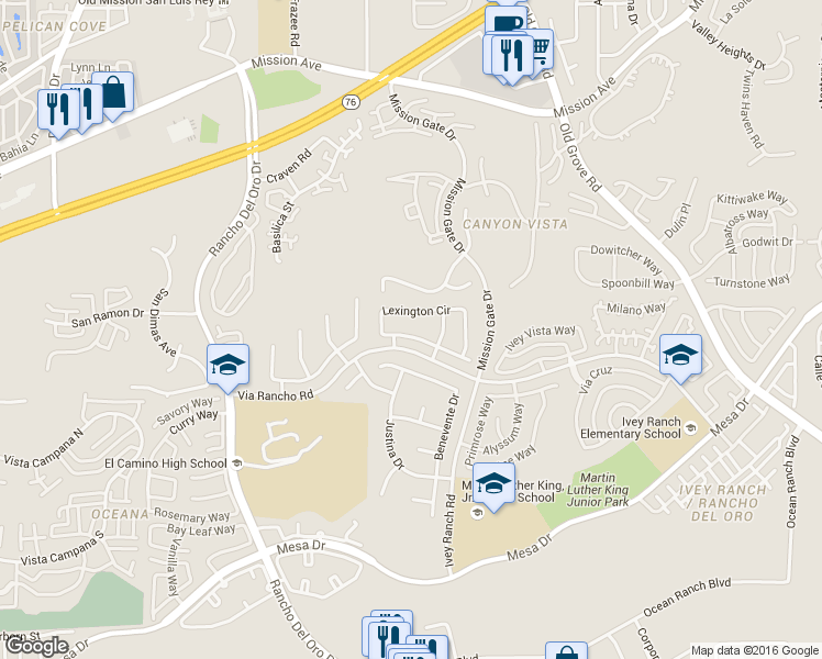 map of restaurants, bars, coffee shops, grocery stores, and more near 410 Lexington Circle in Oceanside