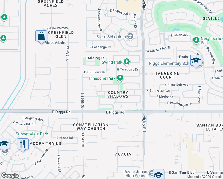 map of restaurants, bars, coffee shops, grocery stores, and more near 2986 East Country Shadows Street in Gilbert