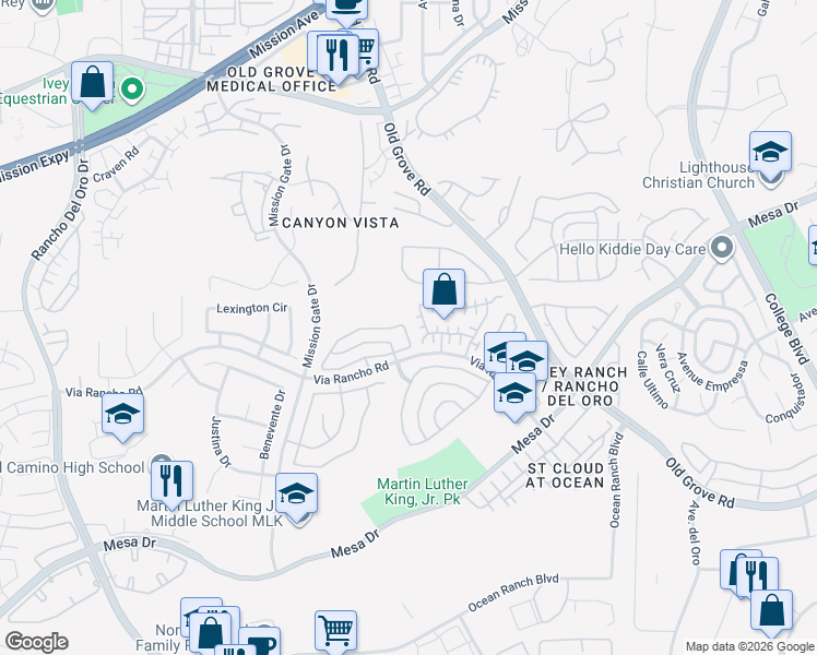 map of restaurants, bars, coffee shops, grocery stores, and more near 4082 Ivey Vista Way in Oceanside