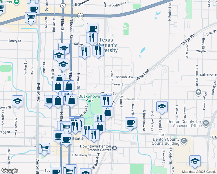map of restaurants, bars, coffee shops, grocery stores, and more near 520 Texas Street in Denton
