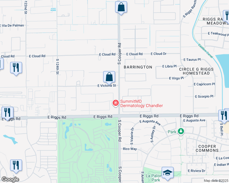 map of restaurants, bars, coffee shops, grocery stores, and more near 2142 East Scorpio Place in Chandler