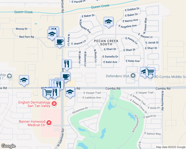map of restaurants, bars, coffee shops, grocery stores, and more near 609 East Bamboo Lane in San Tan Valley