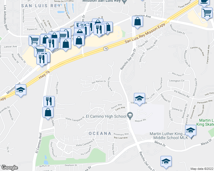 map of restaurants, bars, coffee shops, grocery stores, and more near 313 San Dimas Avenue in Oceanside
