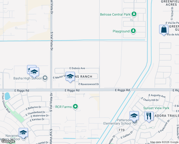 map of restaurants, bars, coffee shops, grocery stores, and more near 1920 East Lafayette Avenue in Gilbert