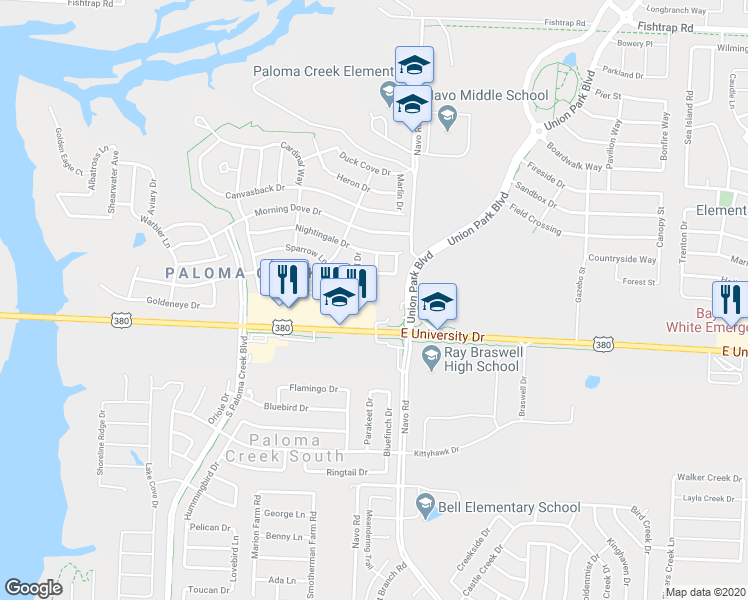map of restaurants, bars, coffee shops, grocery stores, and more near 401 Partridge Drive in Aubrey