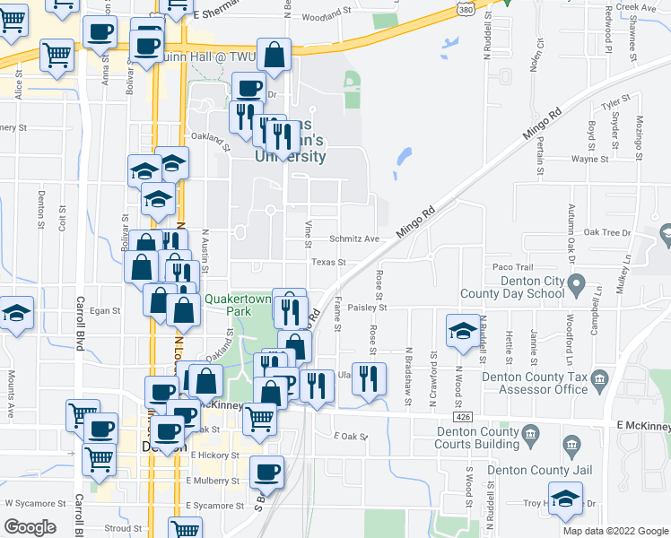 map of restaurants, bars, coffee shops, grocery stores, and more near 630 Texas Street in Denton
