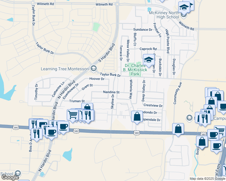 map of restaurants, bars, coffee shops, grocery stores, and more near 2670 Skyline Drive in McKinney