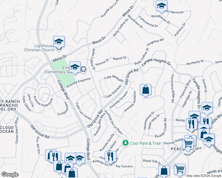 map of restaurants, bars, coffee shops, grocery stores, and more near 1406 Via Marguerita in Oceanside