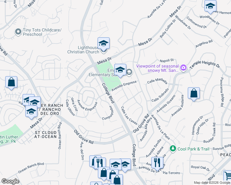 map of restaurants, bars, coffee shops, grocery stores, and more near 4734 Via Colorado in Oceanside