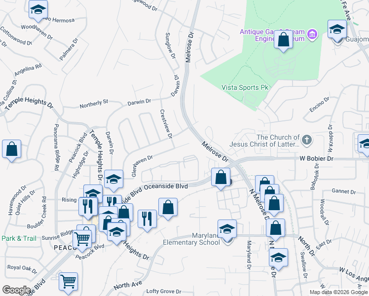 map of restaurants, bars, coffee shops, grocery stores, and more near 4907 Glenhaven Drive in Oceanside
