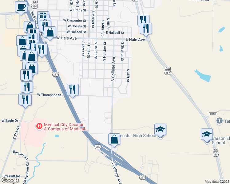 map of restaurants, bars, coffee shops, grocery stores, and more near 402 East Walker Street in Decatur