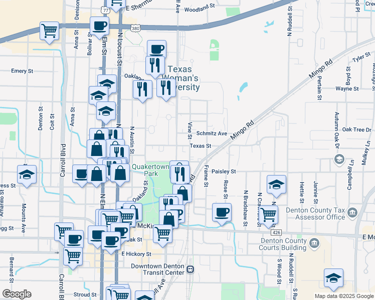 map of restaurants, bars, coffee shops, grocery stores, and more near 520 Texas Street in Denton