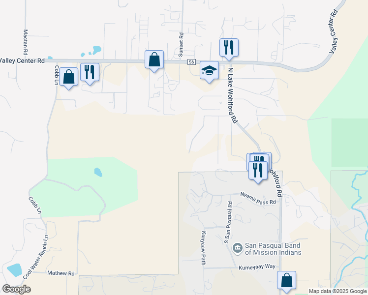 map of restaurants, bars, coffee shops, grocery stores, and more near 31050 Rosebush Lane in Valley Center