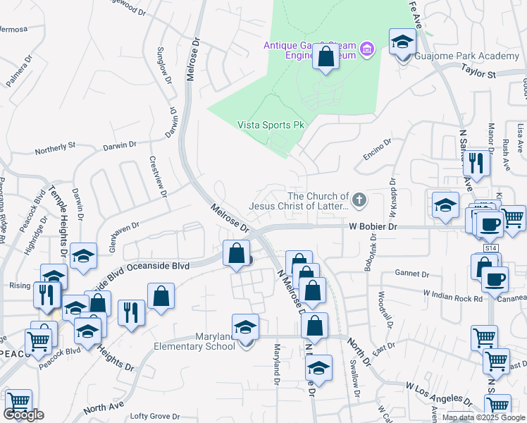 map of restaurants, bars, coffee shops, grocery stores, and more near 1743 Valley Oak Way in Oceanside