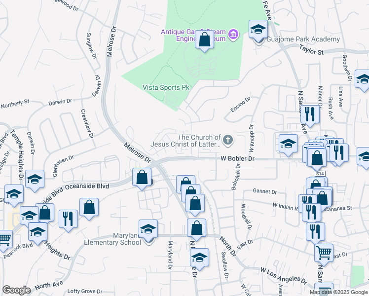 map of restaurants, bars, coffee shops, grocery stores, and more near 1869 Red Willow Way in Oceanside