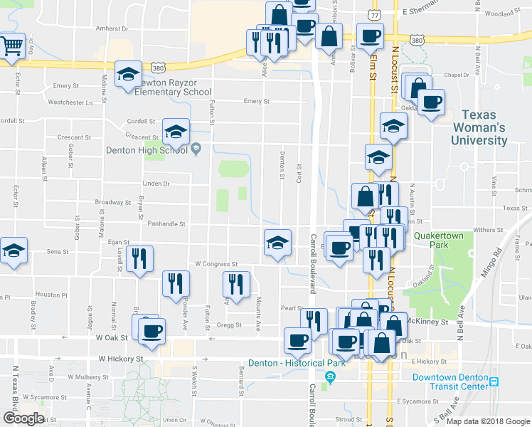 map of restaurants, bars, coffee shops, grocery stores, and more near 812 Alice Street in Denton