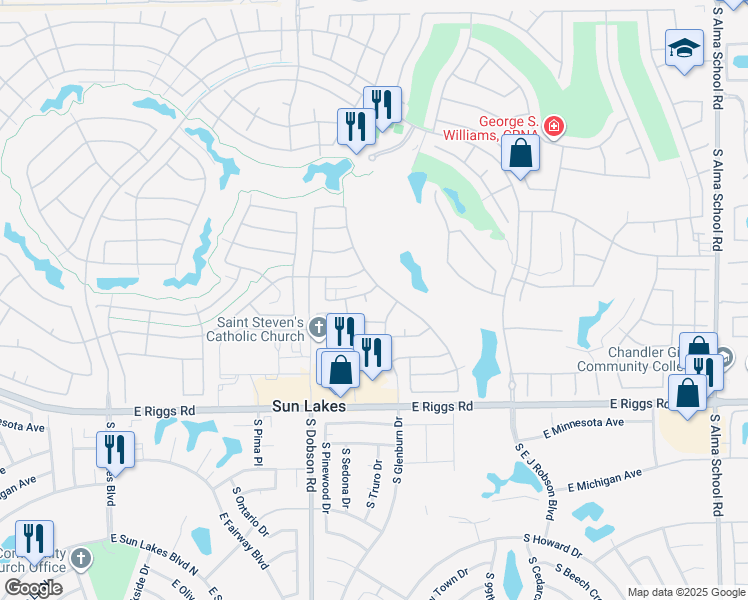 map of restaurants, bars, coffee shops, grocery stores, and more near 24815 South Pleasant Court in Sun Lakes