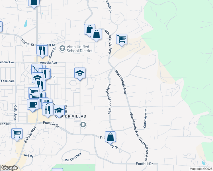 map of restaurants, bars, coffee shops, grocery stores, and more near 1530 Independence Way in Vista