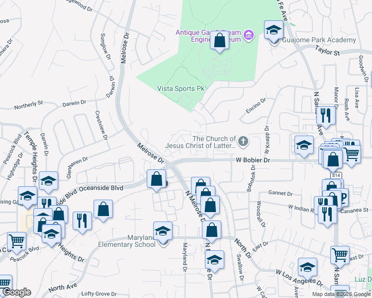 map of restaurants, bars, coffee shops, grocery stores, and more near 1771 Laurelwood Way in Oceanside