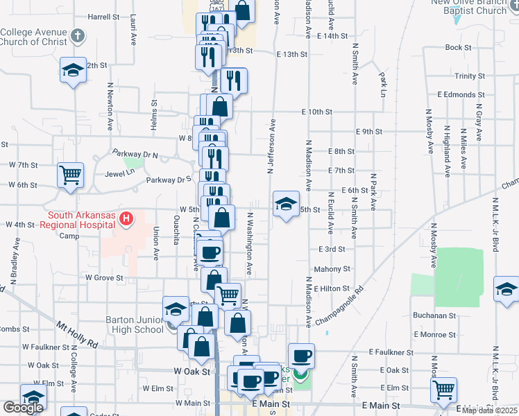 map of restaurants, bars, coffee shops, grocery stores, and more near 201 East 5th Street in El Dorado