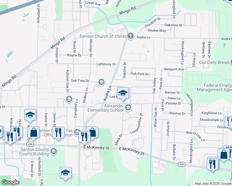 map of restaurants, bars, coffee shops, grocery stores, and more near 1007 Bull Run Street in Denton